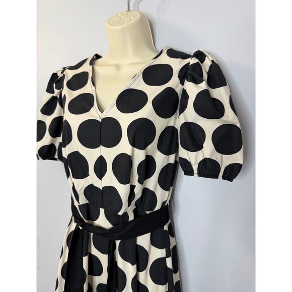 LUNA ALLEGRA V Neck Puff Sleeve Polka Dot Midi Dress Black White Sz S - Picture 6 of 13